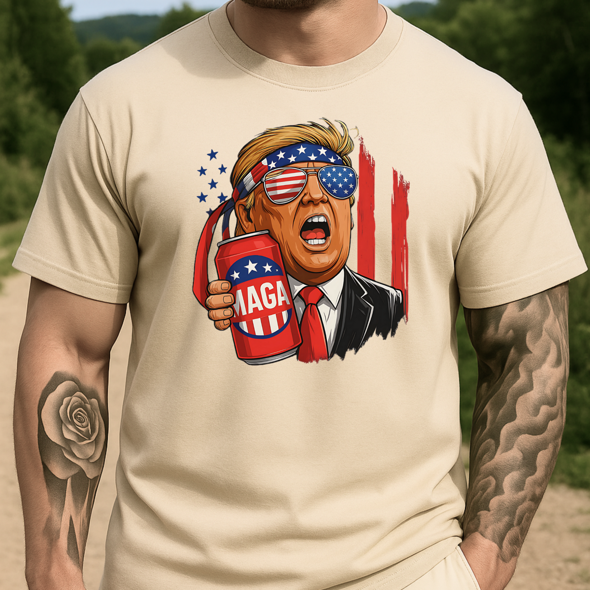 Man wearing sand color T-shirt with MAGA beer can graphic and Trump illustration