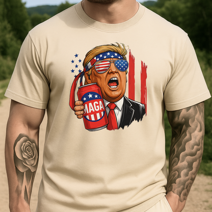 Man wearing sand color T-shirt with MAGA beer can graphic and Trump illustration