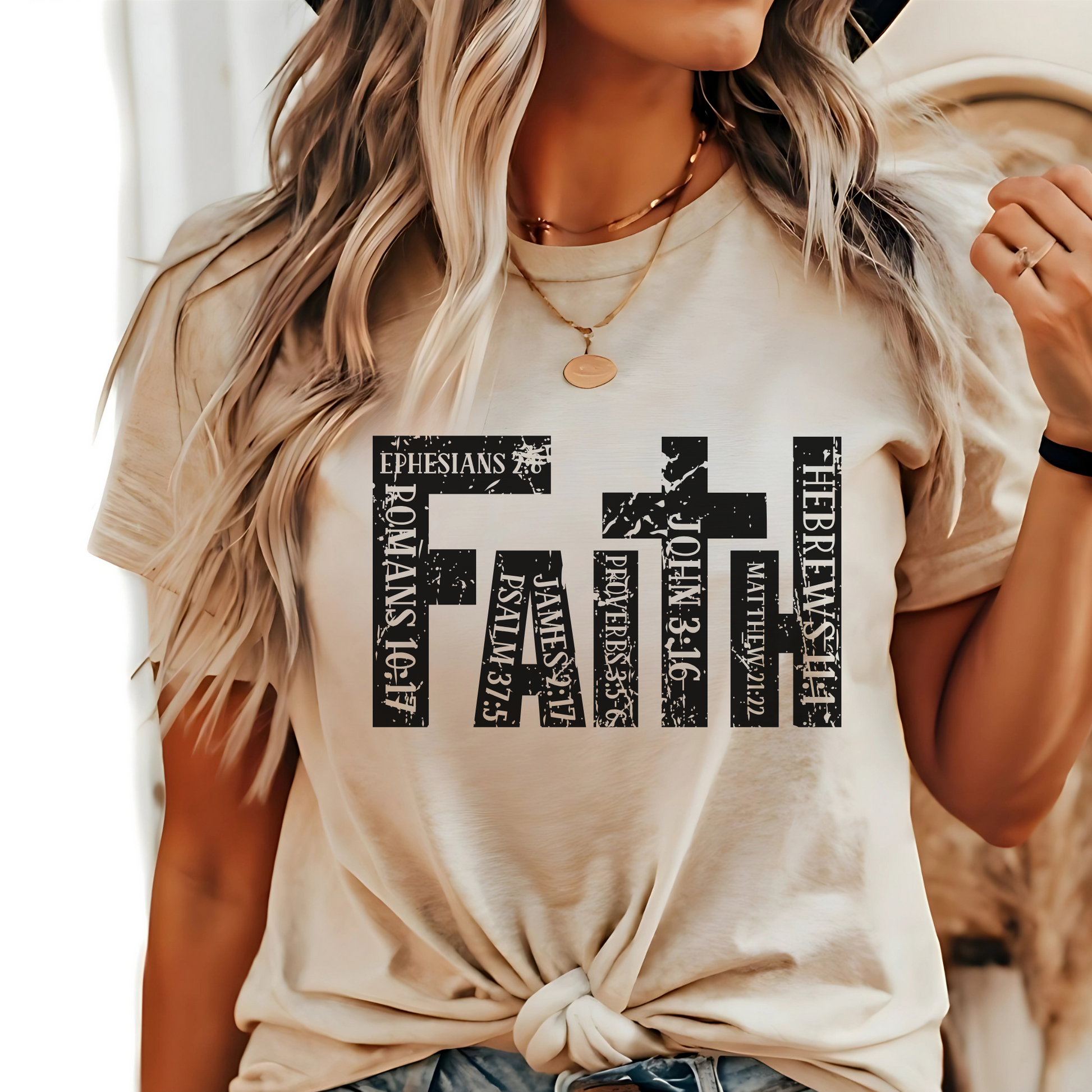 Sand beige Faith T-shirt with bold inspirational graphic