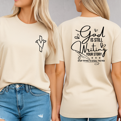 Sand color faith tee featuring handwritten bible quote on back