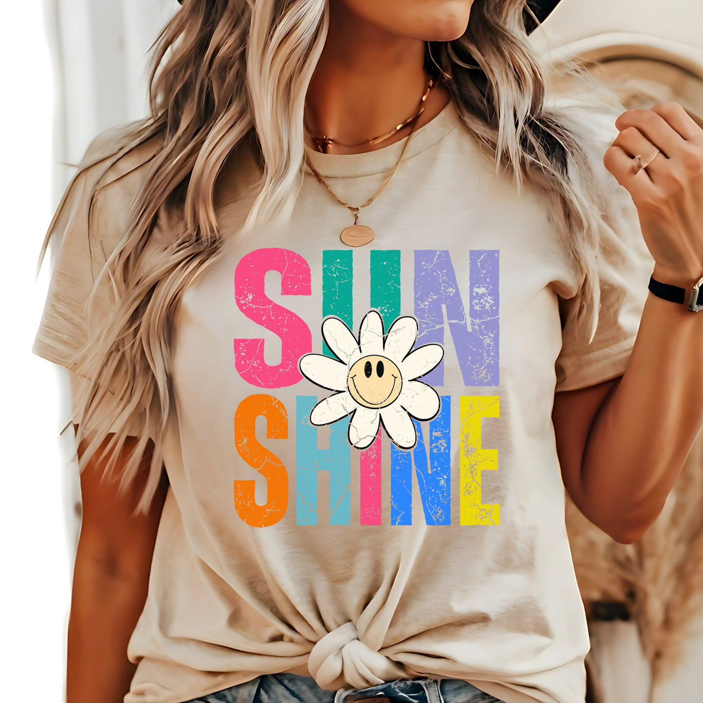 Sand color tee styled with jewelry and relaxed vibe