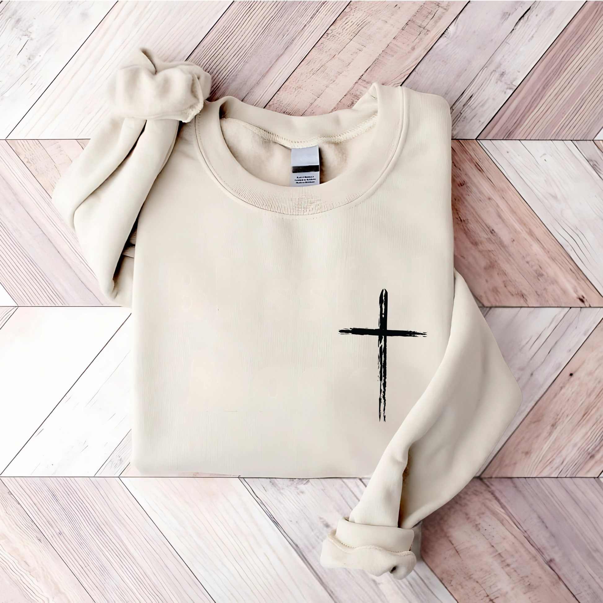 Sand sweatshirt with front cross and bold back inspirational design
