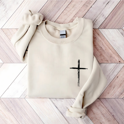 Sand sweatshirt with front cross and bold back inspirational design