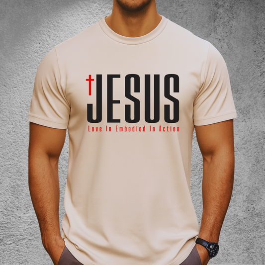 Beige Jesus t-shirt with cross graphic design