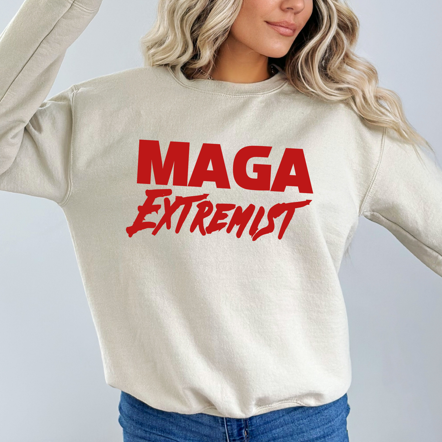 Sand women’s sweatshirt styled with MAGA Extremist print