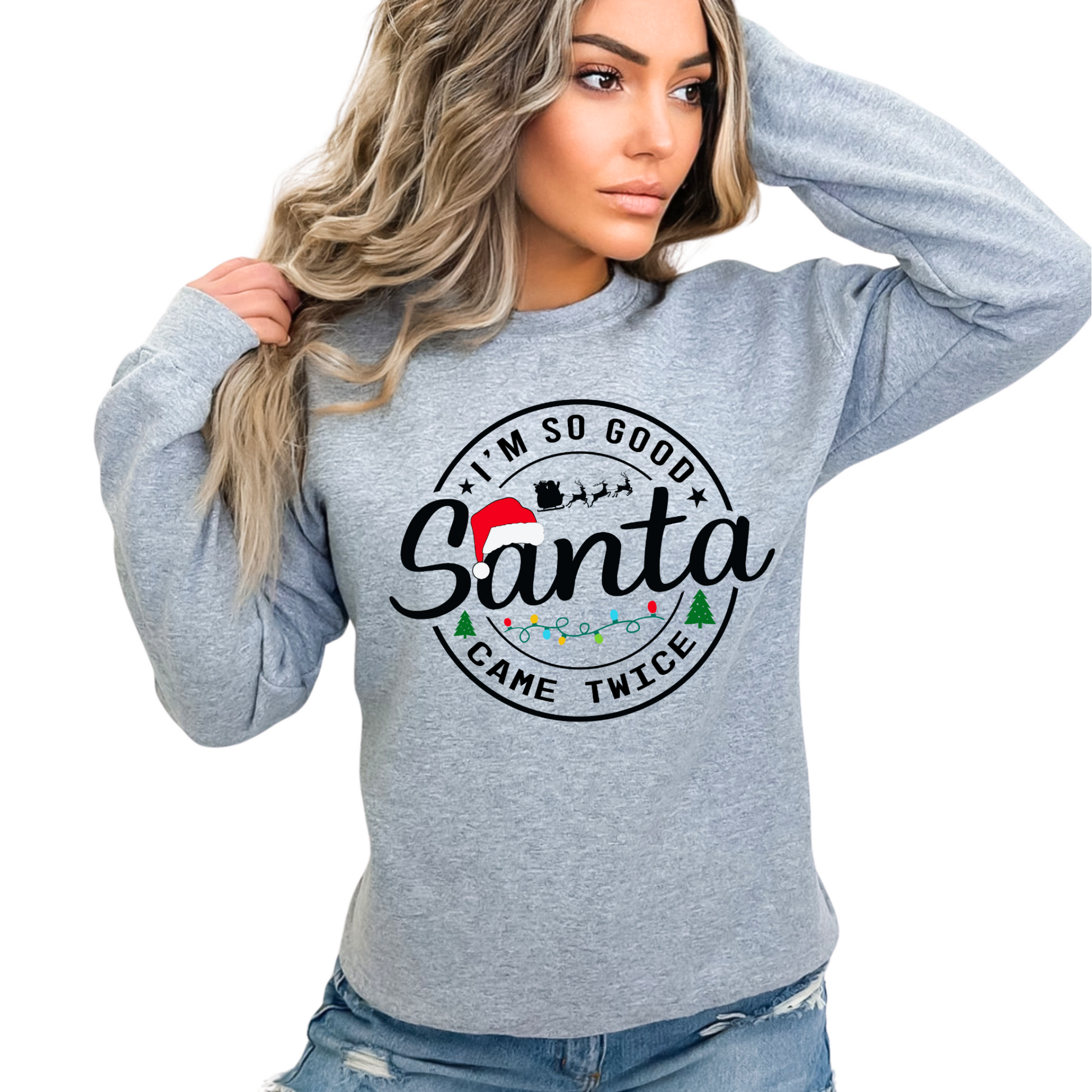 ports gray Christmas sweatshirt with Santa design and holiday lights