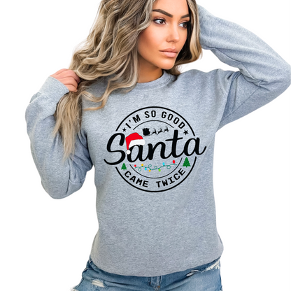 ports gray Christmas sweatshirt with Santa design and holiday lights