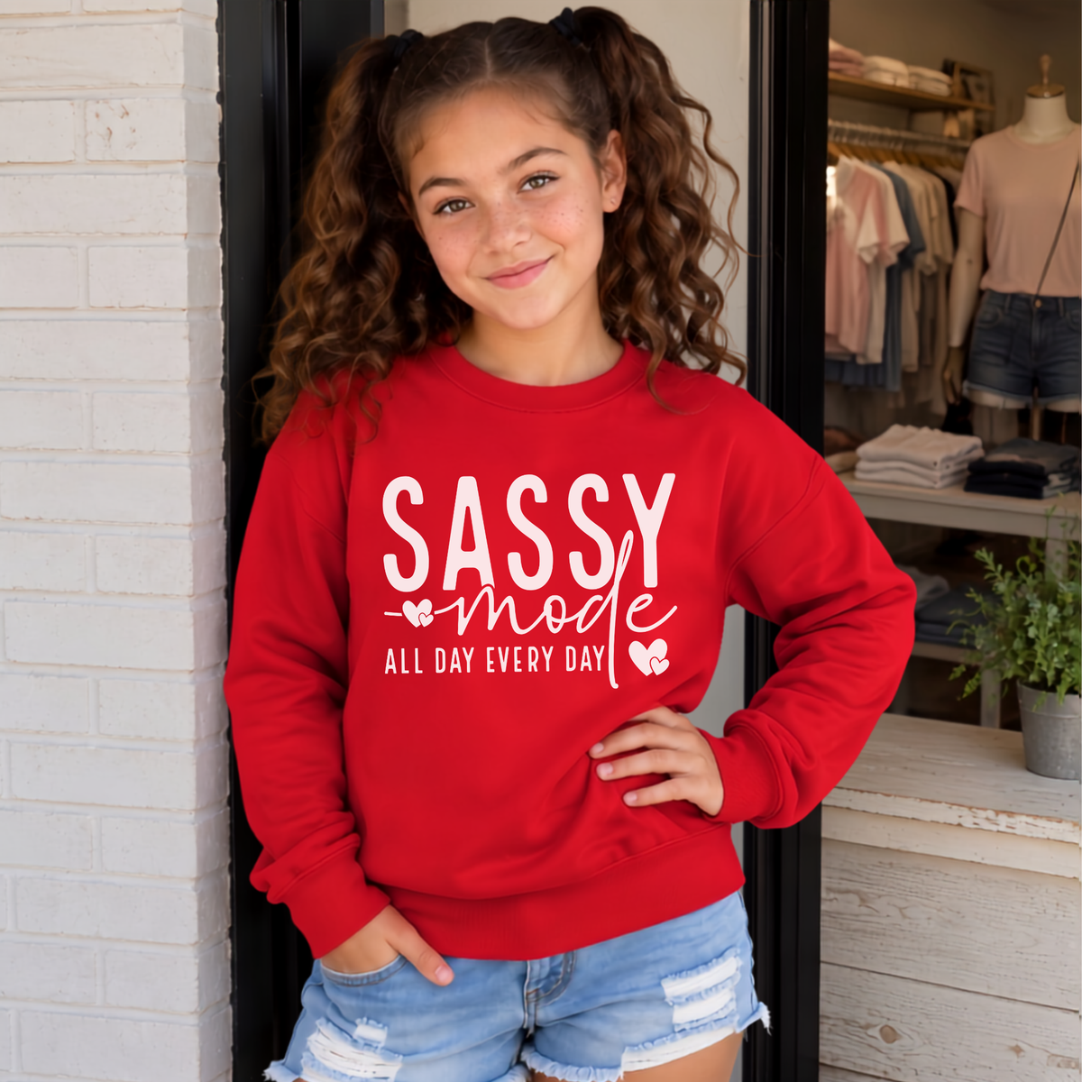 Youth girl wearing a red Sassy Mode sweatshirt with white lettering outside a storefront.