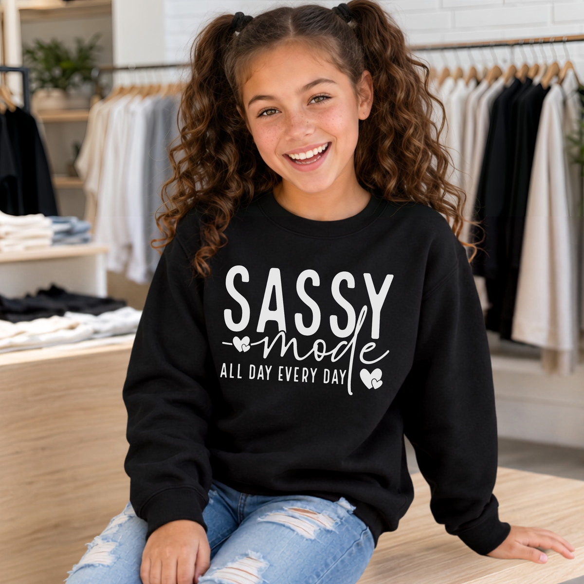 Youth girl wearing a black Sassy Mode sweatshirt with white lettering in a clothing store.