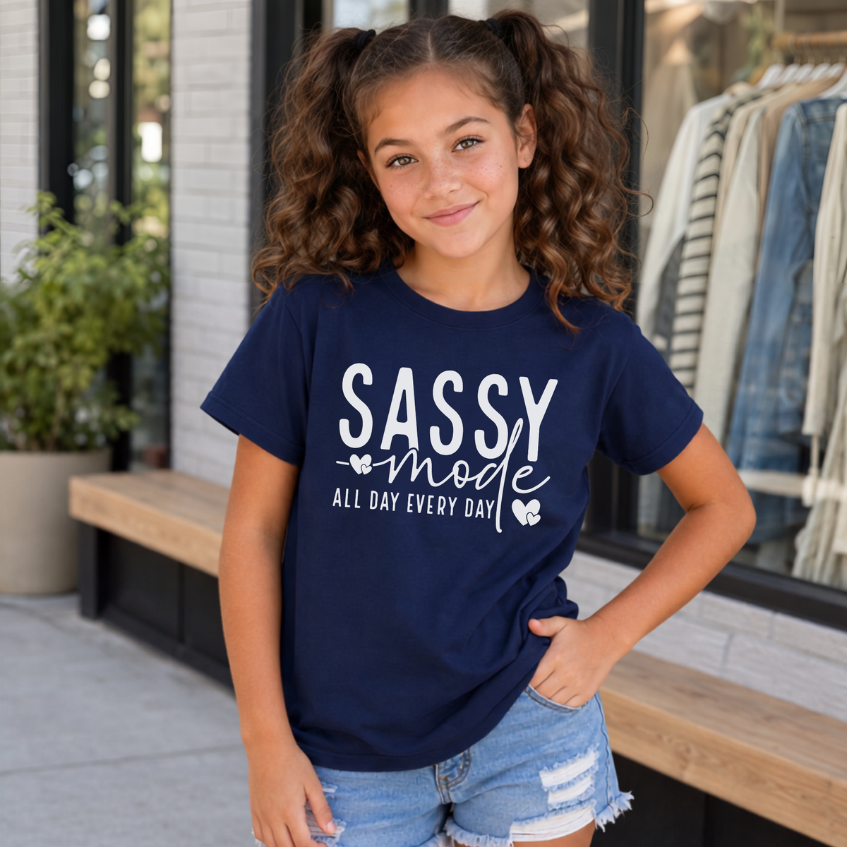 Youth girl wearing a navy Sassy Mode T-shirt with white lettering outside a storefront.