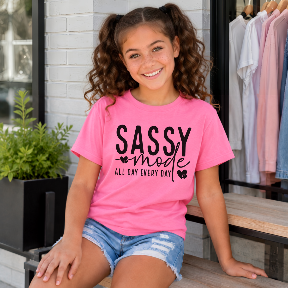 Youth girl wearing a bright pink Sassy Mode T-shirt with bold black lettering outside a storefront.