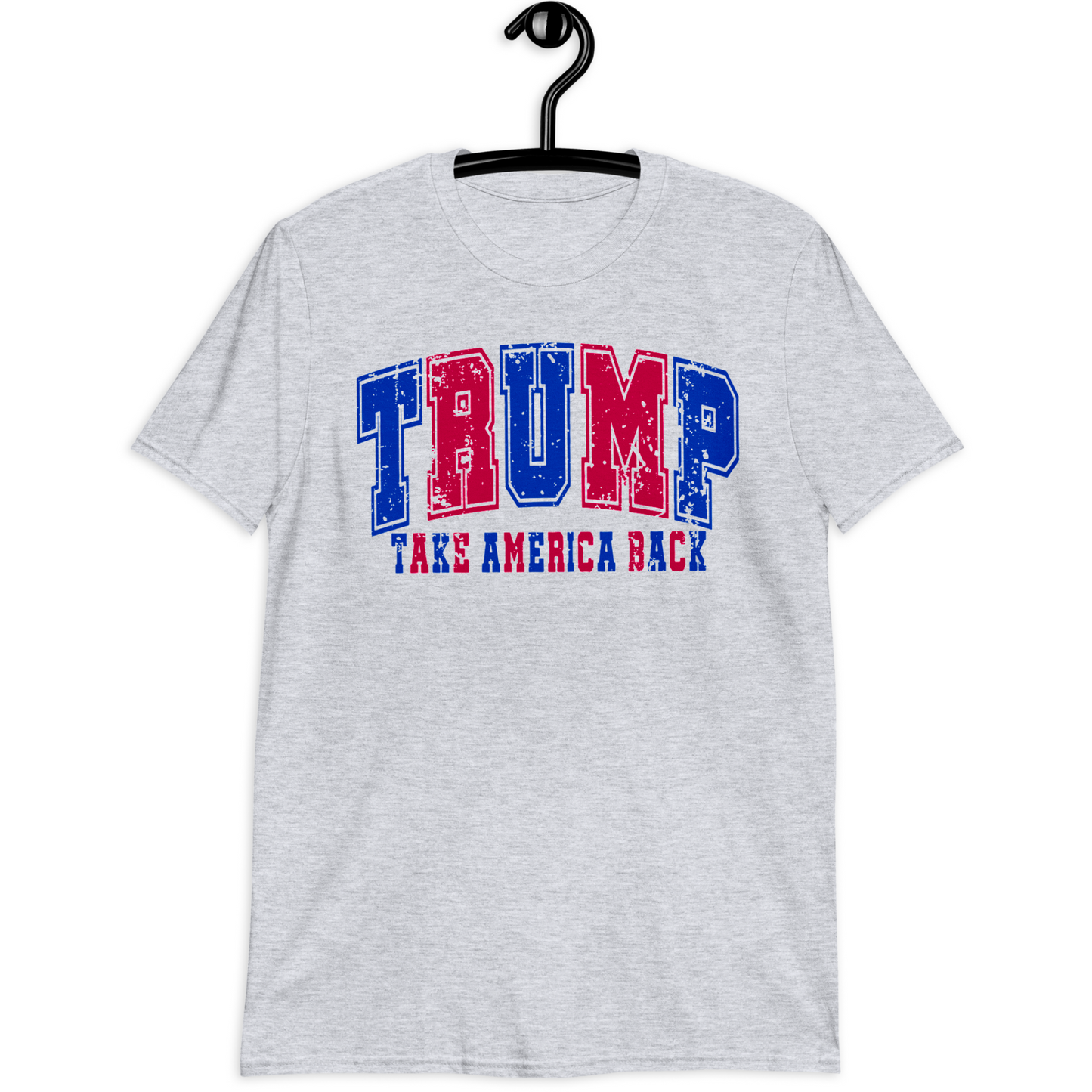 A person wearing a white t-shirt with 'TRUMP TAKE AMERICA BACK' text in red and blue, and the numbers '46' and '47' on the back.