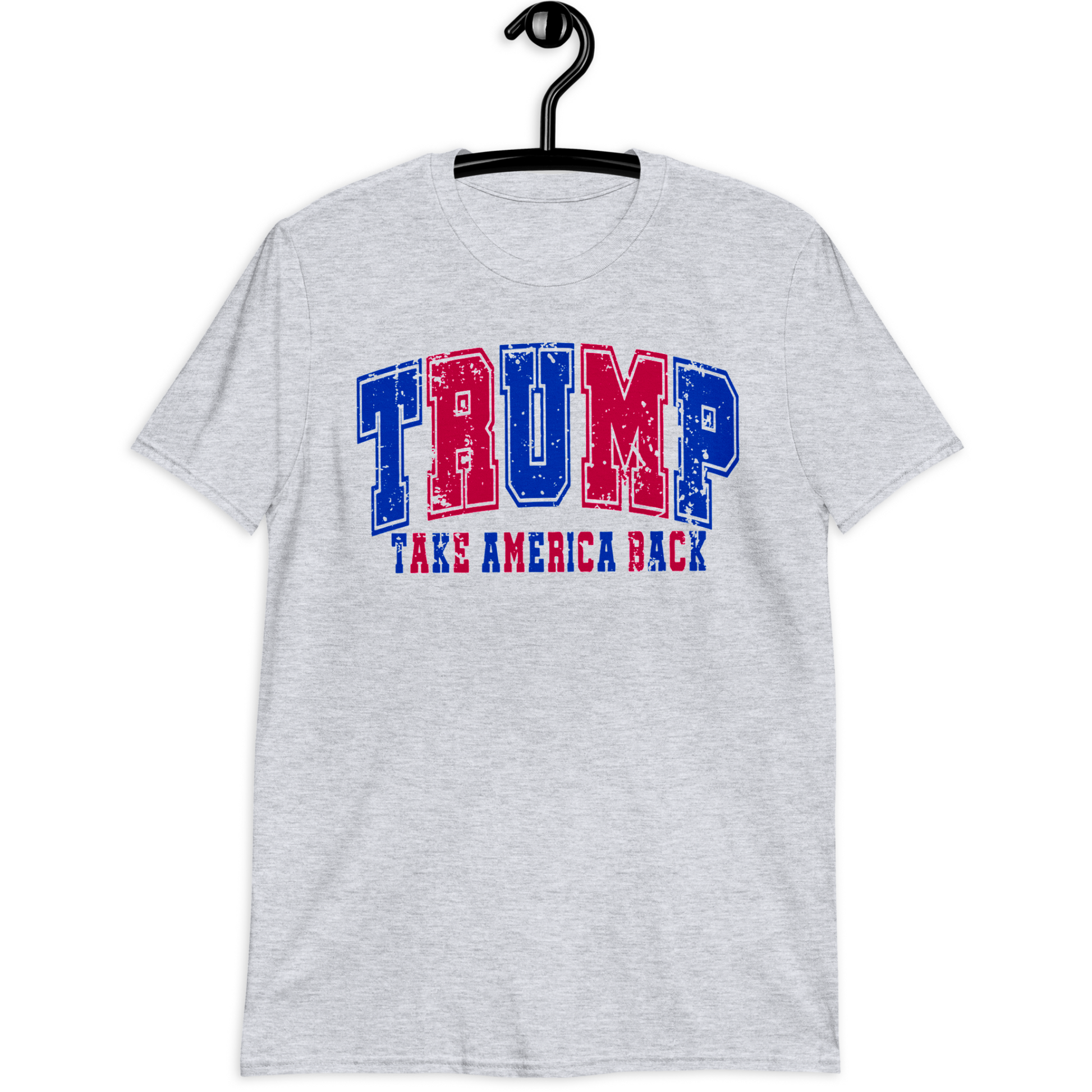 A person wearing a white t-shirt with 'TRUMP TAKE AMERICA BACK' text in red and blue, and the numbers '46' and '47' on the back.