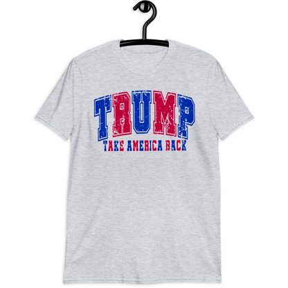 A person wearing a white t-shirt with 'TRUMP TAKE AMERICA BACK' text in red and blue, and the numbers '46' and '47' on the back.