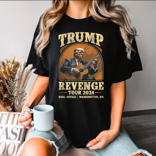 Bold black Trump 2024 revenge tee on woman sitting on a bench. 

