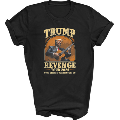 Black T-shirt with Trump playing guitar and "Revenge Tour 2024" vintage-style graphic
