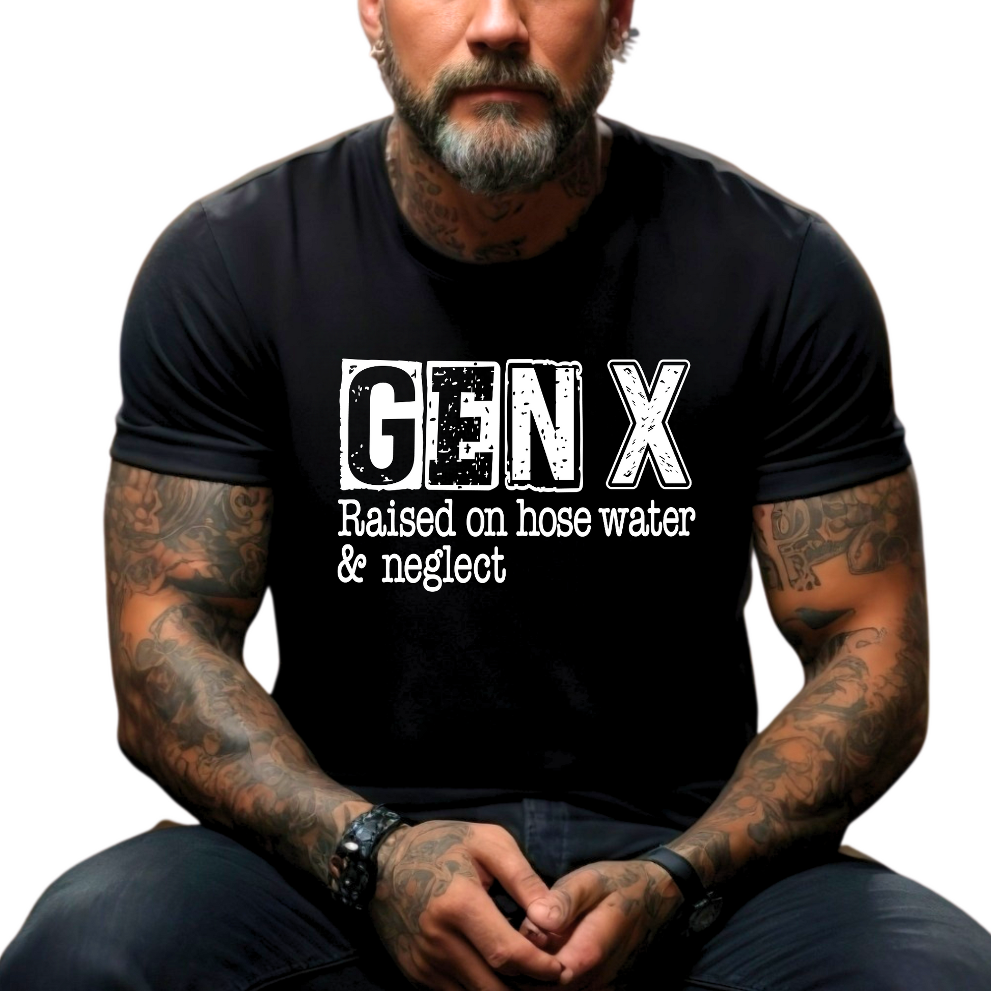 A person wearing a black Gen X t-shirt with the text 'GENX Raised on hose water & neglect' on the front.
