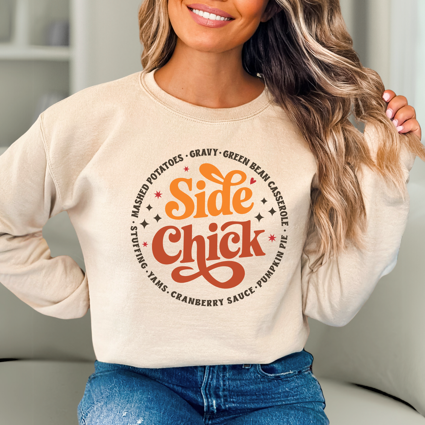 Sand Side Chick Thanksgiving shirt with retro chicken graphic