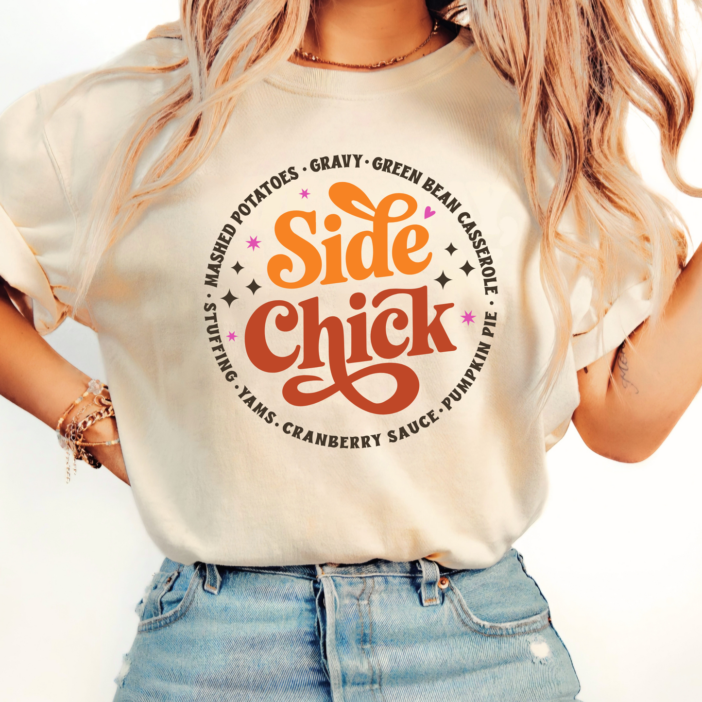 Sand Side Chick Thanksgiving shirt with retro chicken graphic