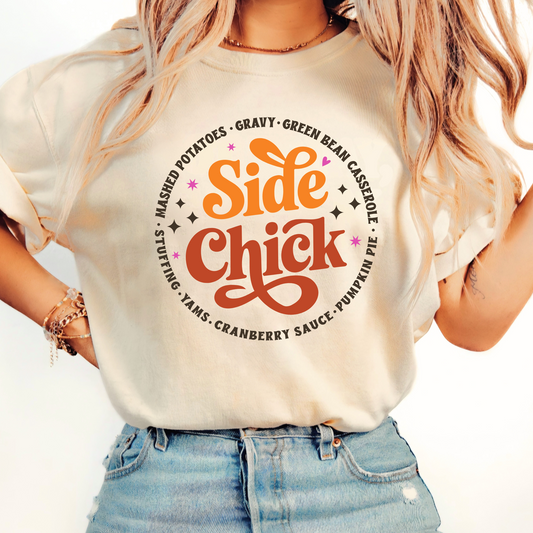 Sand Side Chick Thanksgiving shirt with retro chicken graphic