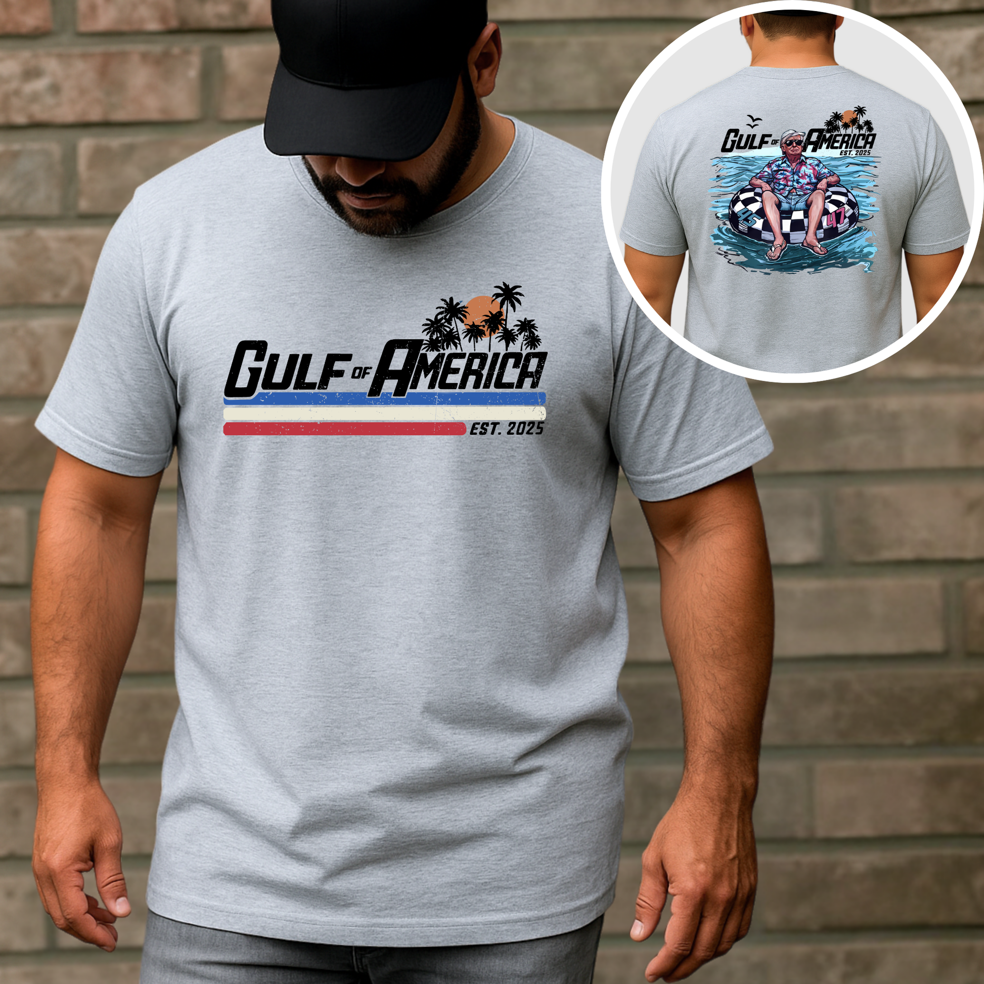 Sitting man modeling white patriotic America shirt with front print  and back print