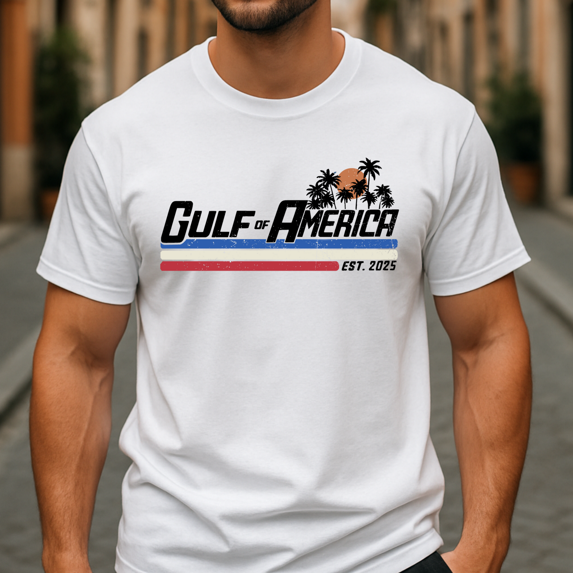 Sitting man modeling white patriotic America shirt with front print only