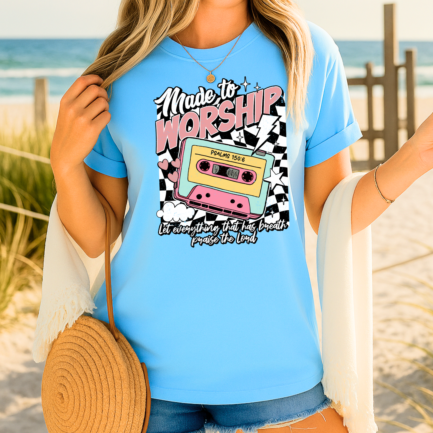 Sky blue cassette-themed graphic shirt