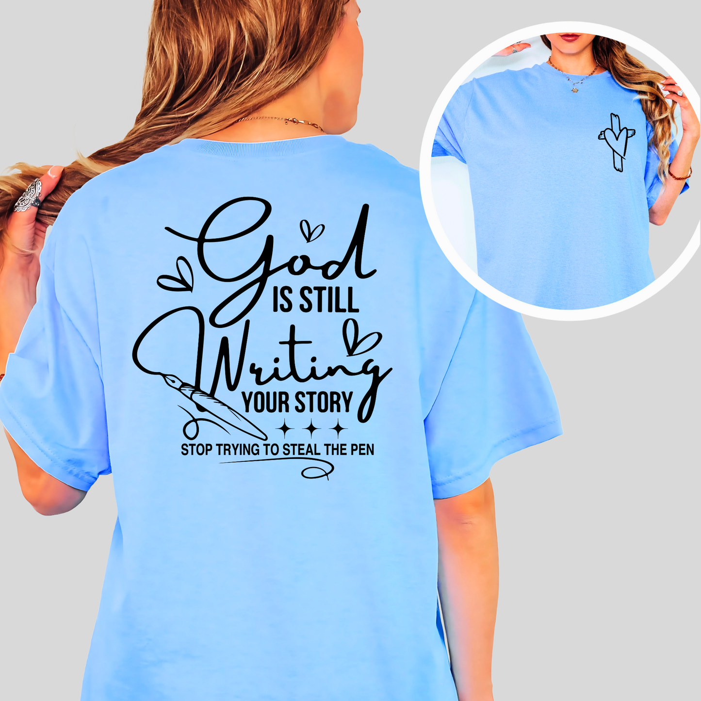 Sky blue t-shirt with God quote in bold font and front heart-cross design