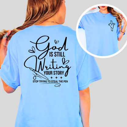 Sky blue t-shirt with God quote in bold font and front heart-cross design