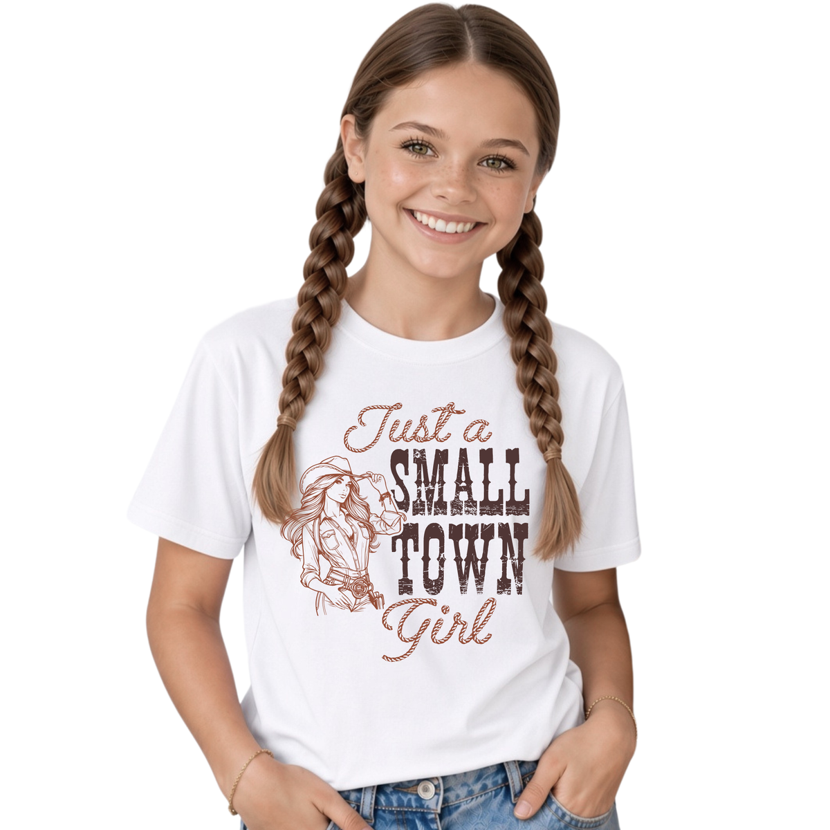 Smiling young female model with long braided hair wearing a white youth T-shirt with the “Just a Small Town Girl” western cowgirl graphic, paired with blue jeans against a clean white background.