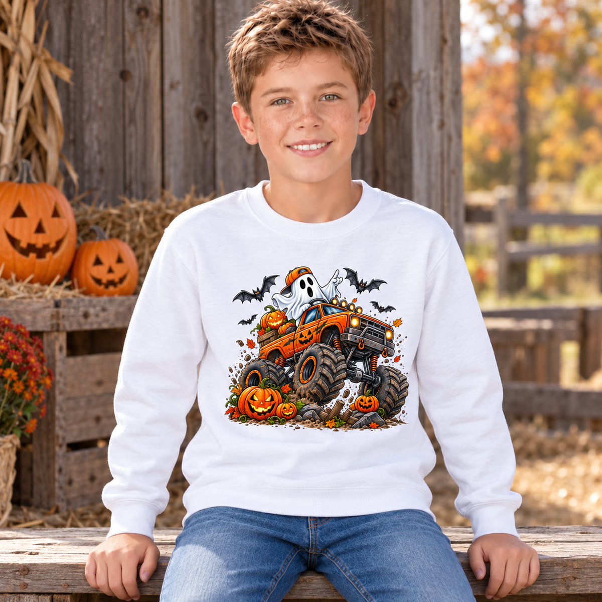 Smiling boy seated in a white youth crewneck sweatshirt with an orange Halloween monster truck, friendly ghost, jack-o-lanterns, and bats at a decorated fall farm stand.