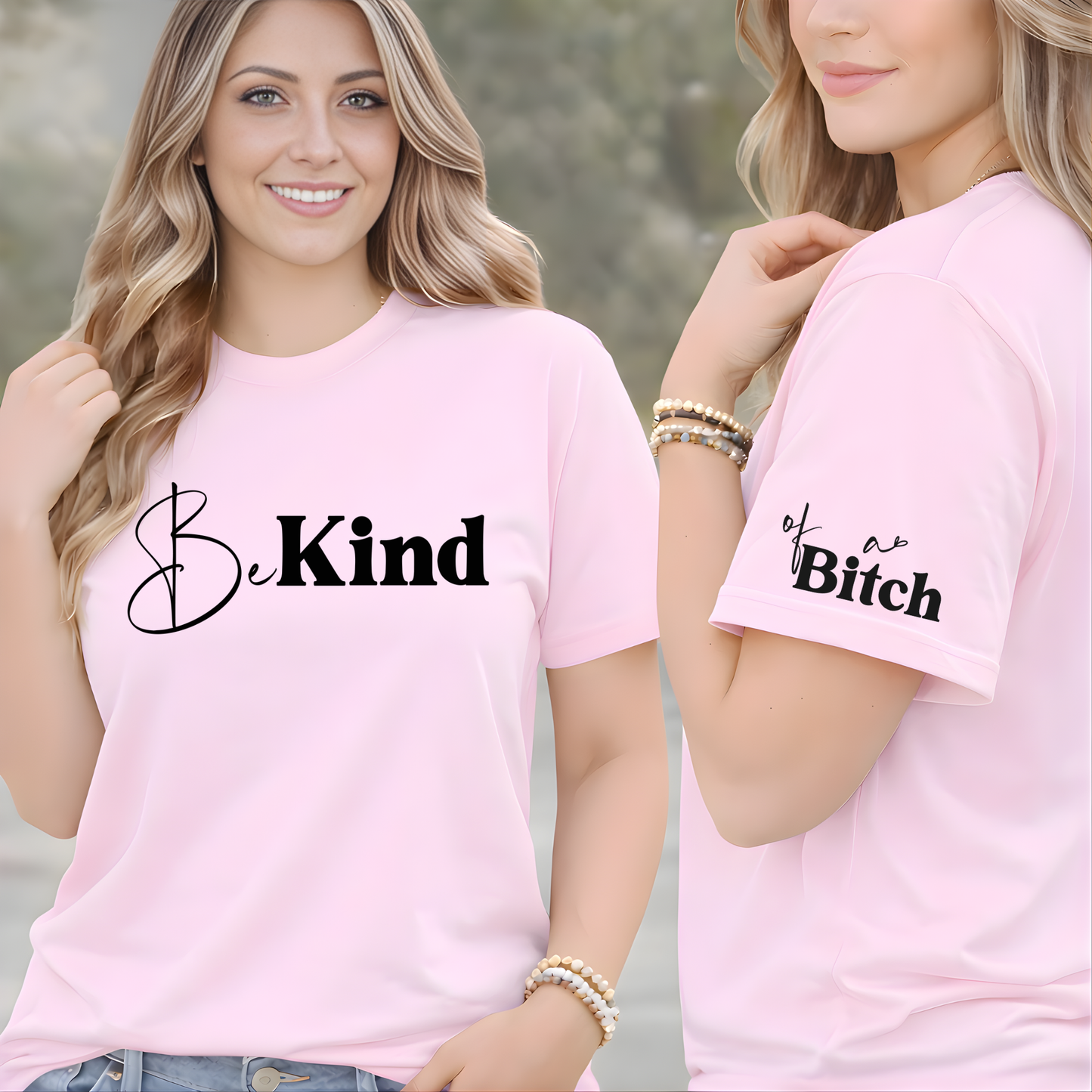 Soft pink Be Kind shirt with front graphic and sleeve detail
