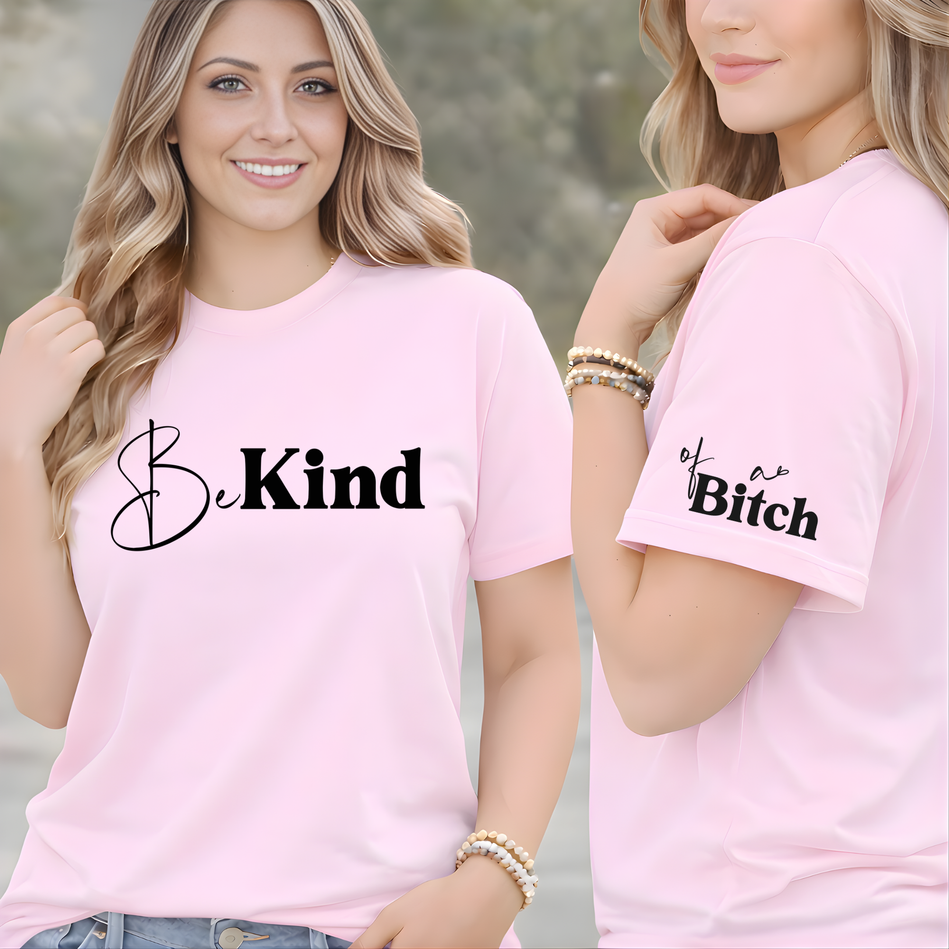 Soft pink Be Kind shirt with front graphic and sleeve detail