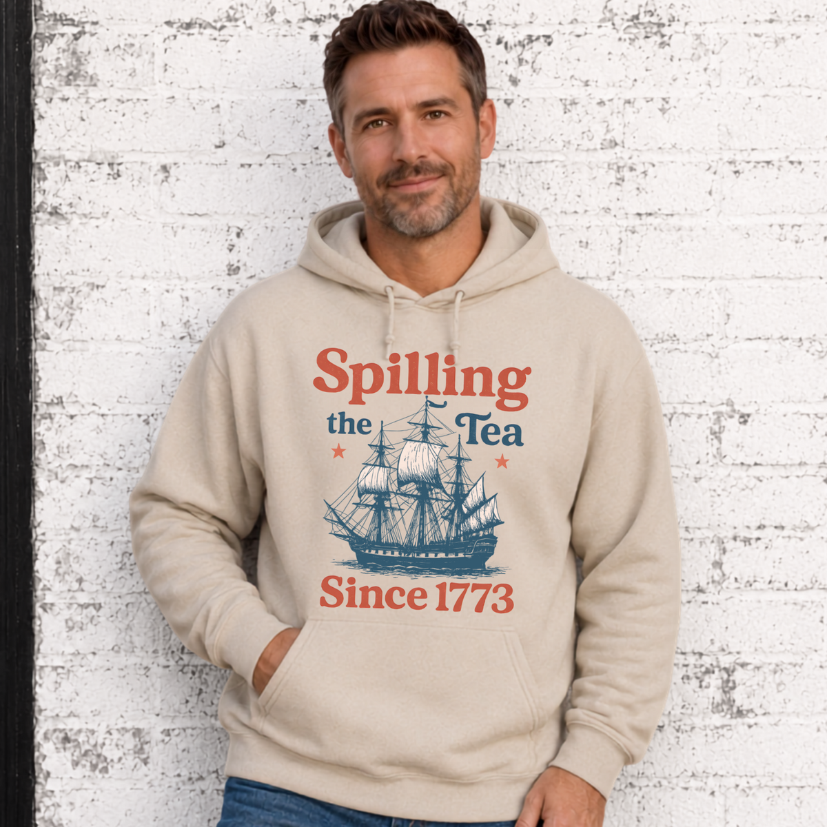 Men's Spilling the Tea Since 1773 patriotic apparel featuring a vintage ship graphic inspired by American history.