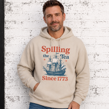 Men's Spilling the Tea Since 1773 patriotic apparel featuring a vintage ship graphic inspired by American history.