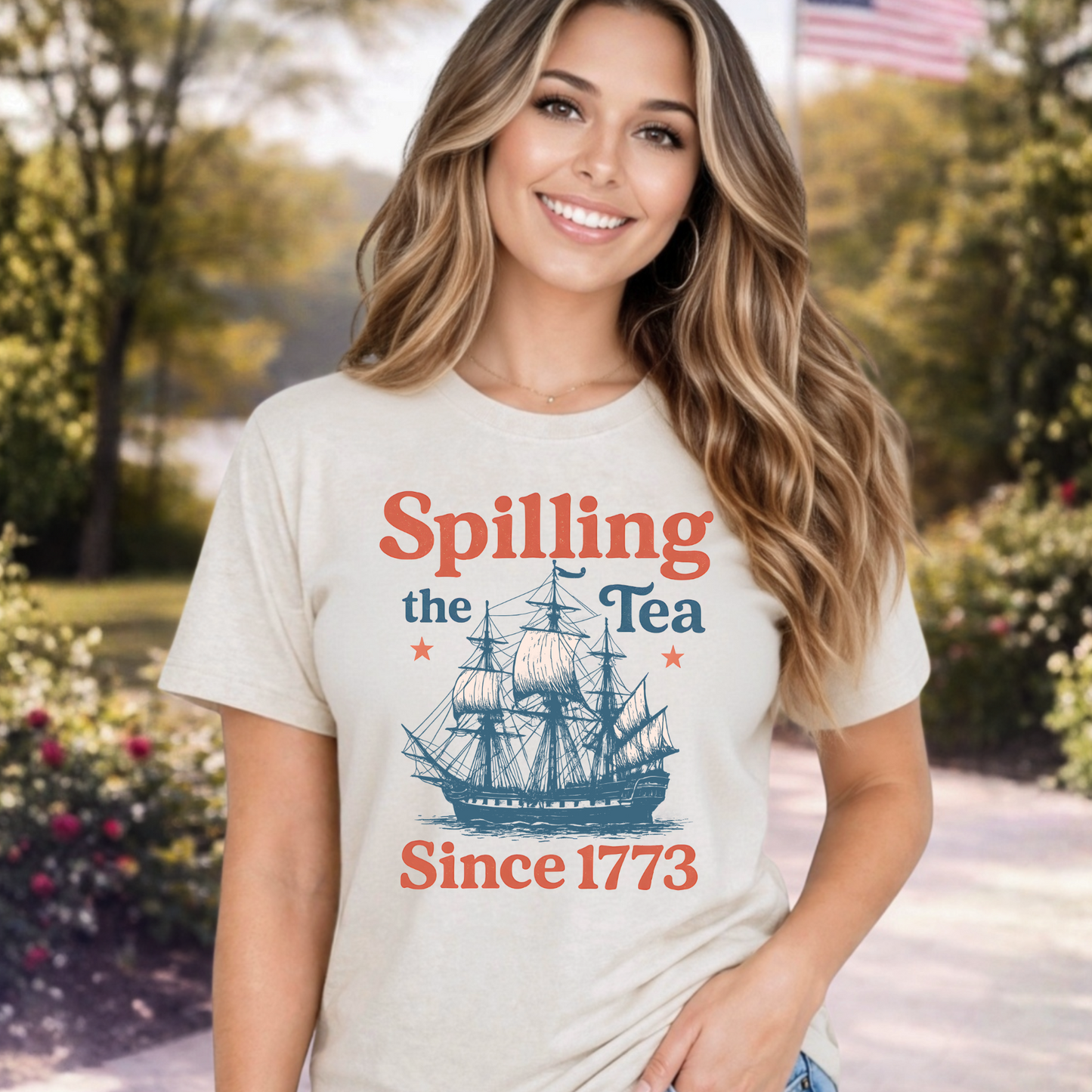 Spilling the Tea Since 1773 patriotic t-shirt on woman outdoor lifestyle summer America 250 shirt