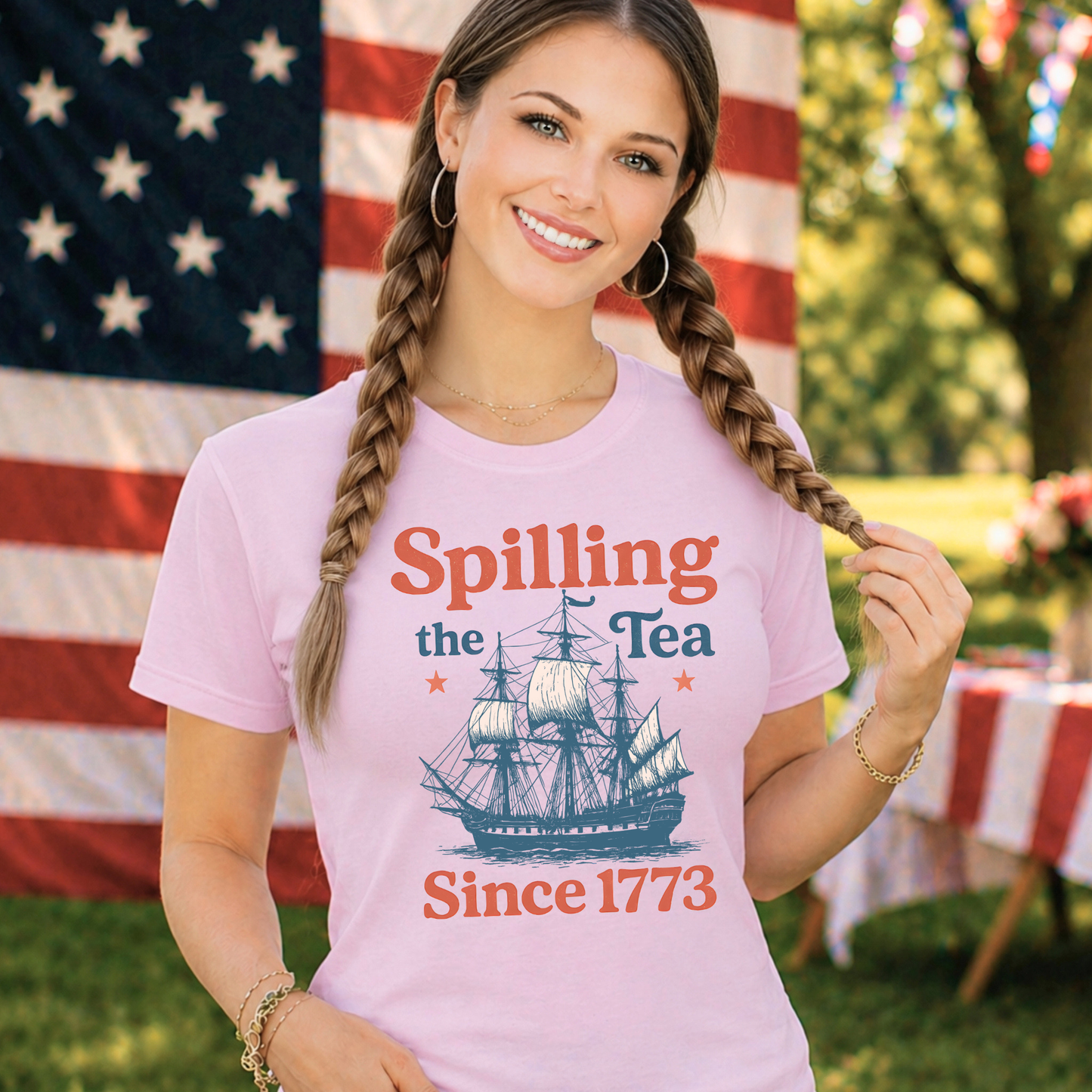 Spilling the Tea Since 1773 patriotic t-shirt on woman outdoor lifestyle summer America 250 shirt