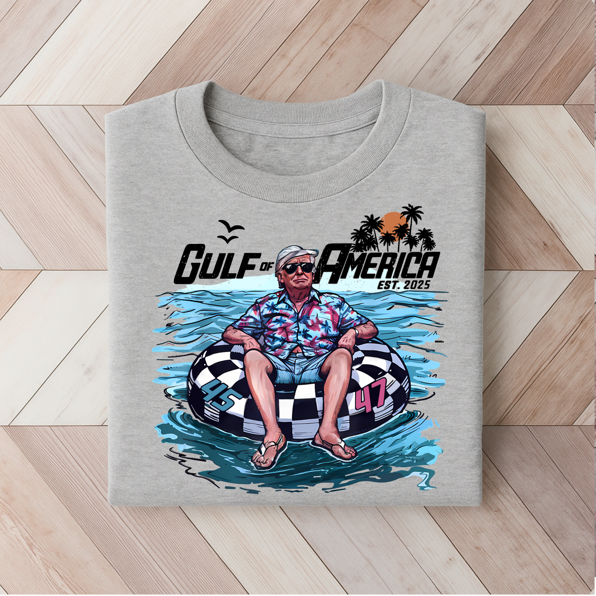 Sport grayT-shirt with summer retro beach graphic and palm tree design