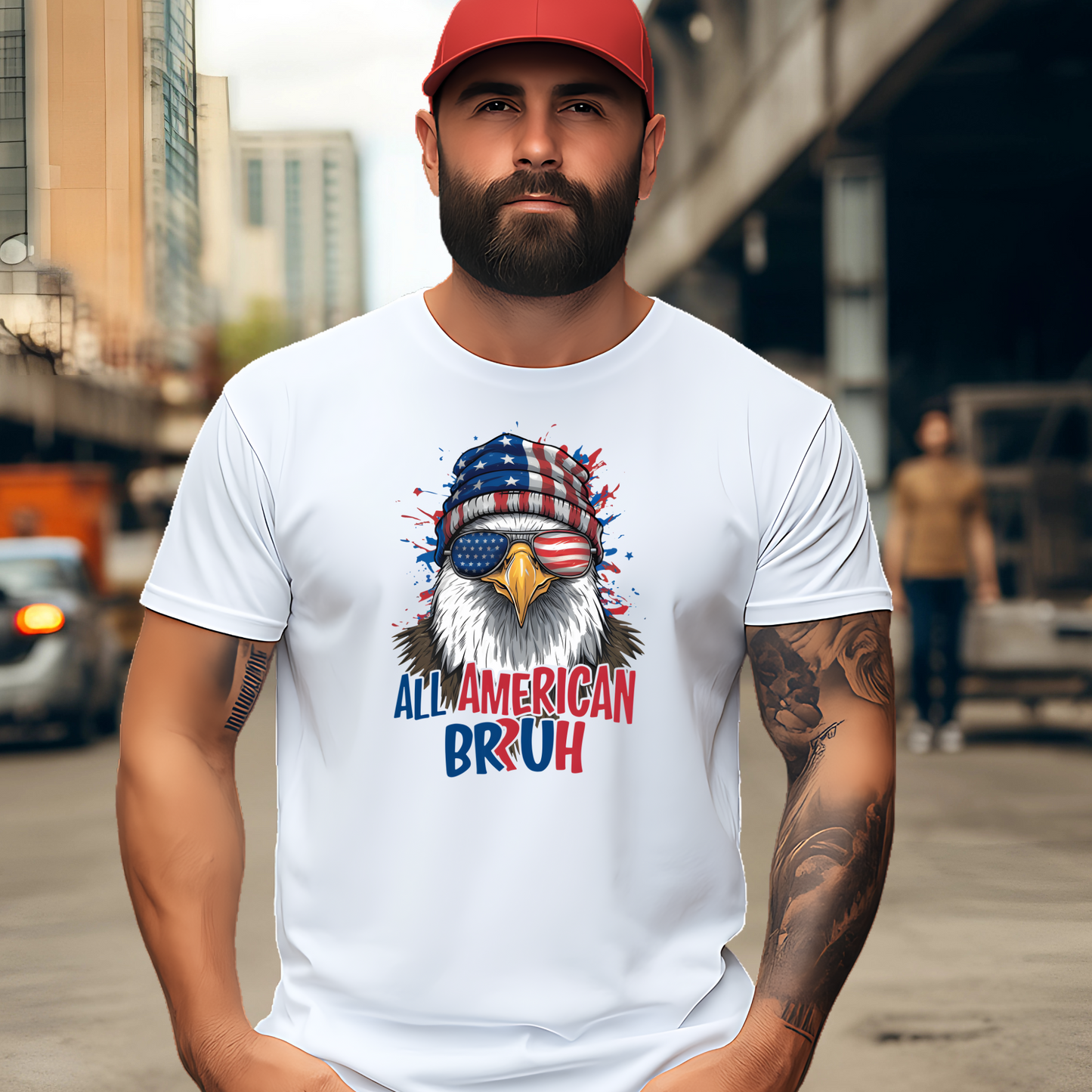 Stylish man wearing white “All American Bruh” T-shirt with USA-themed bald eagle illustration. Bold patriotic graphic tee perfect for 4th of July, Labor Day, or everyday American pride. Comfortable unisex fit, ideal for men who love freedom and fun.