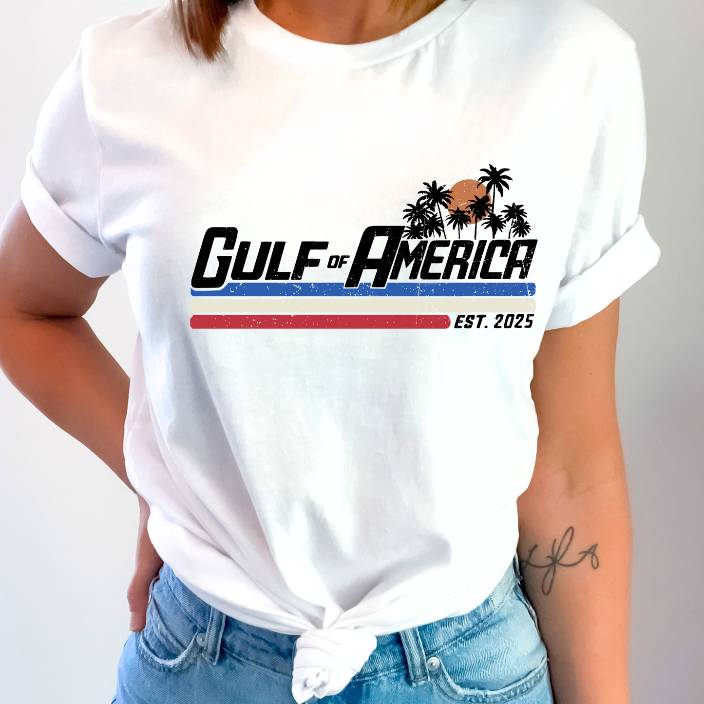 White  Summer 2025 patriotic shirt with tropical print