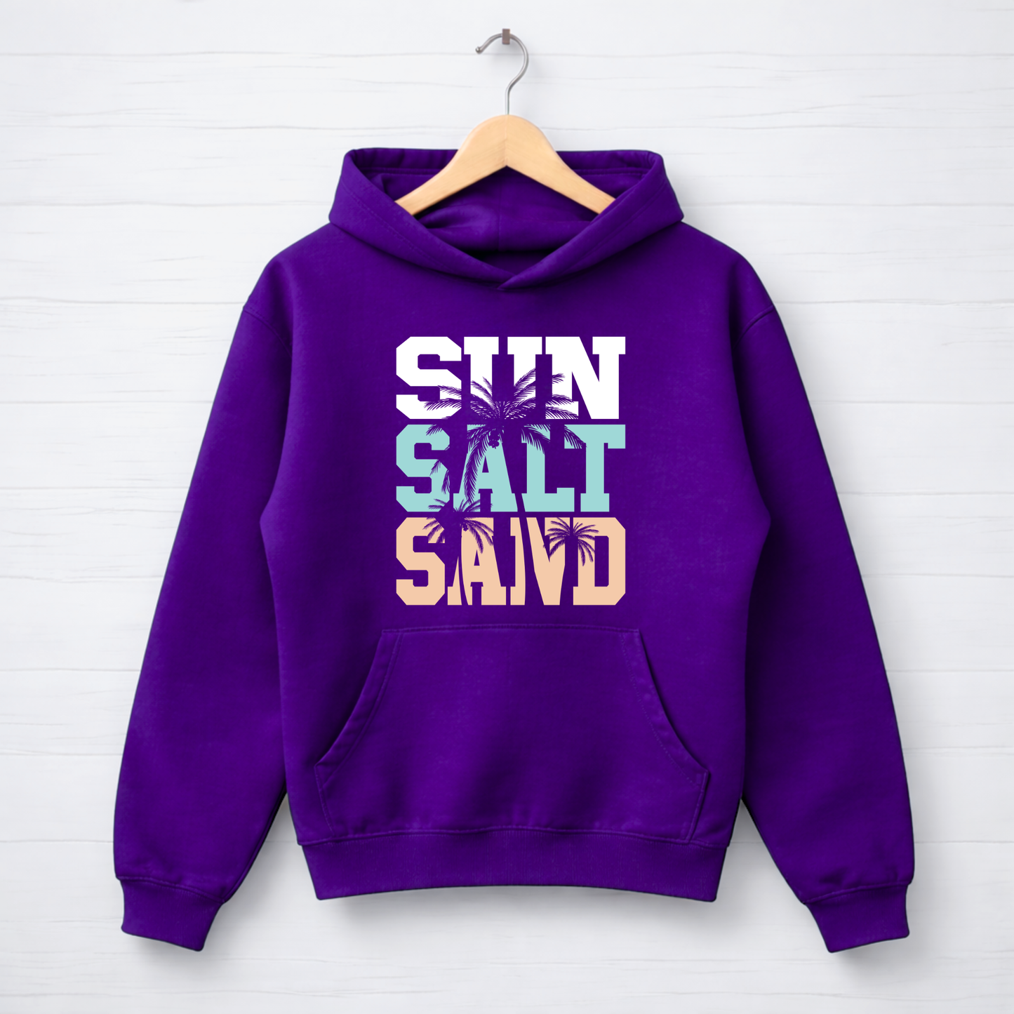 Purple hoodie with 'Sun Salt Sand' text on a white background