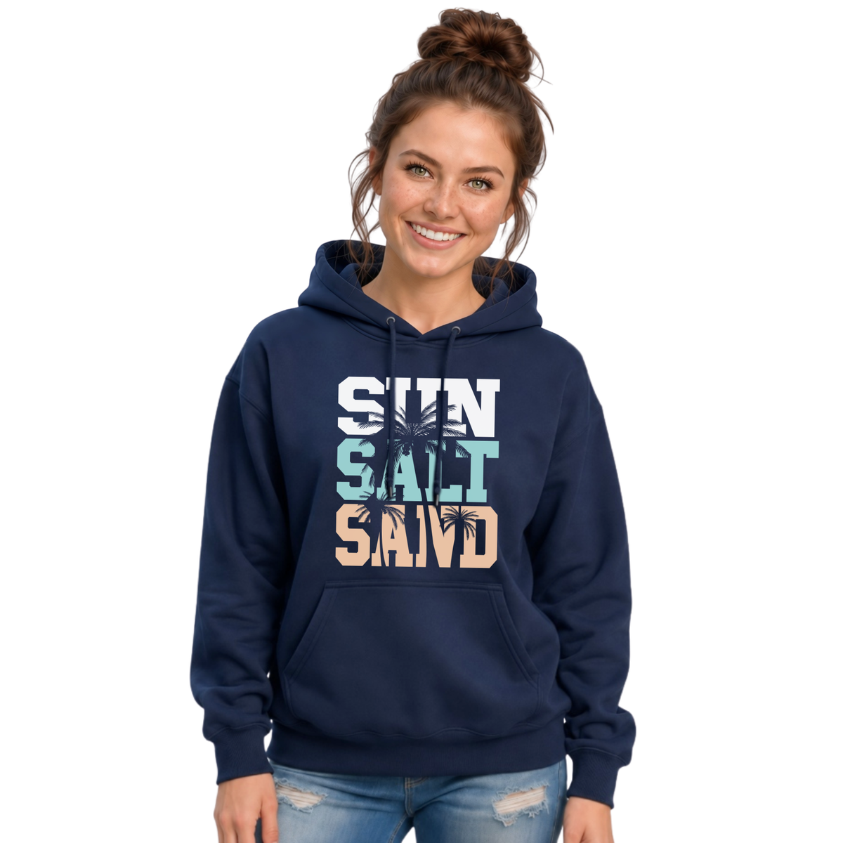 Side-by-side views of a woman wearing a navy pullover hoodie with a stacked Sun Salt Sand graphic in white, aqua, and peach with dark palm trees.