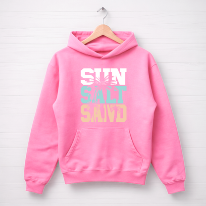 Pink hoodie with 'SUN SALT SAND' text on a white background