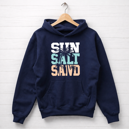 Navy blue hoodie with 'Sun Salt Sand' text and palm tree graphics on a white wooden background