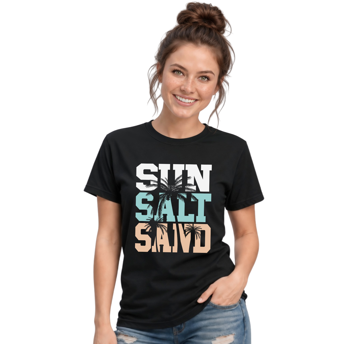 Woman wearing a black unisex T-shirt with a stacked Sun Salt Sand graphic in white, aqua, and peach with dark palm trees.