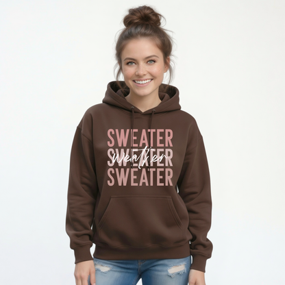 Woman wearing brown Sweater Weather hoodie with jeans