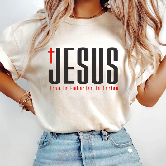 Beige t-shirt with bold Jesus lettering and cross design