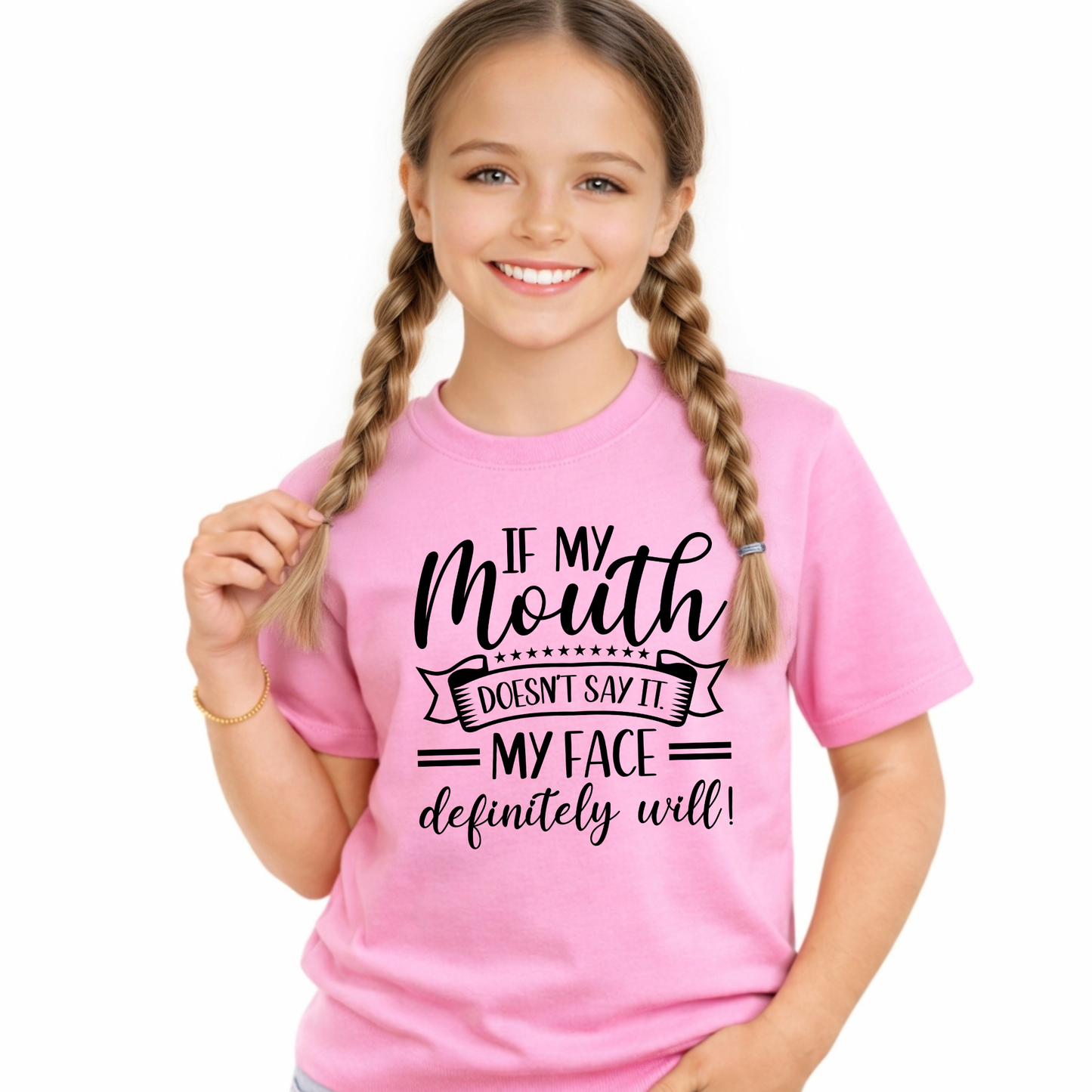 Girls pink graphic t-shirt funny youth shirt if my mouth doesnt say it my face definitely will cute kids apparel