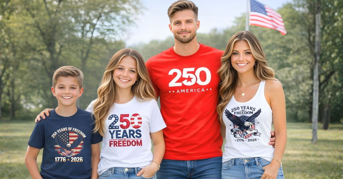 Family of four wearing '250 Years Freedom' t-shirts outdoors with an American flag in the background.