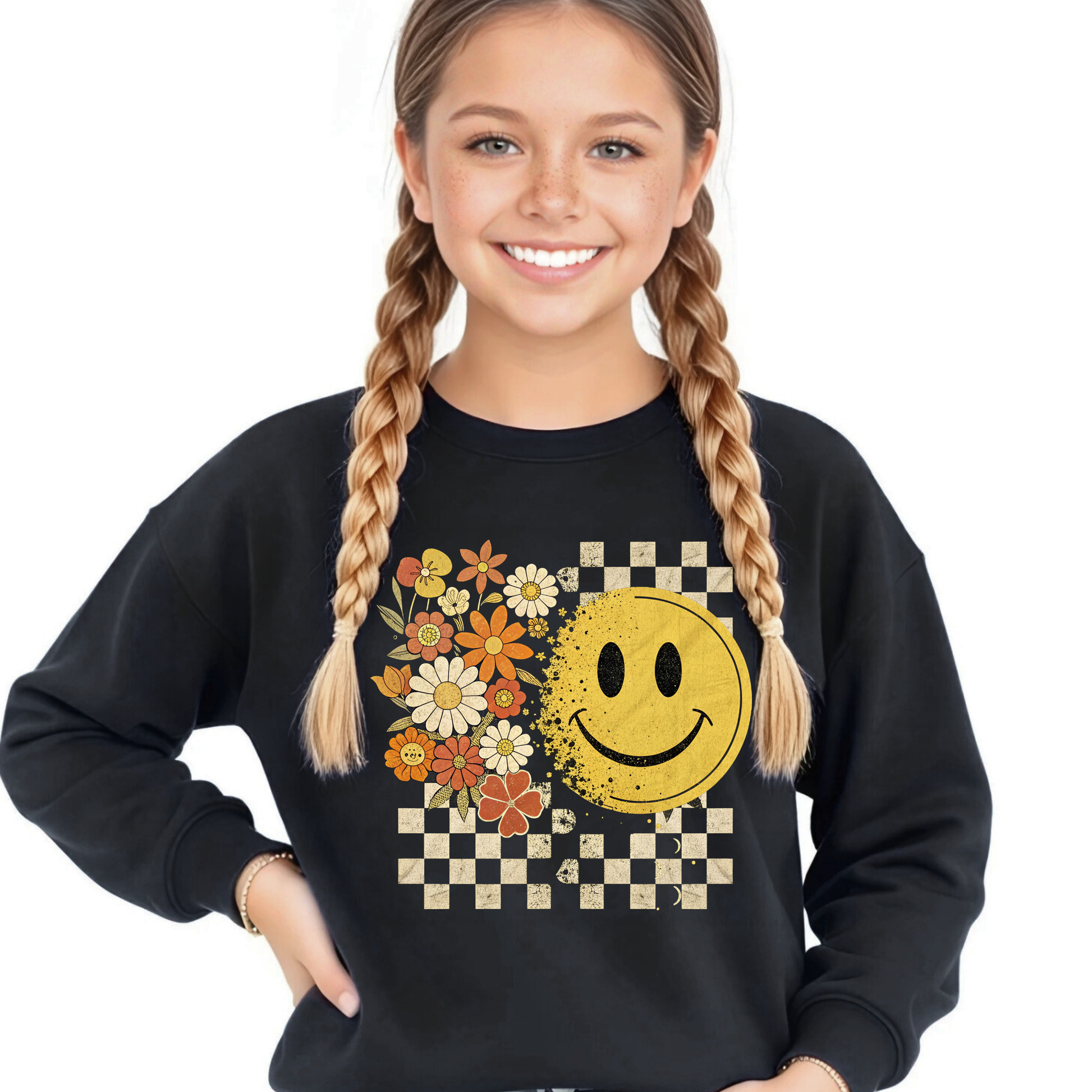 Teen girl wearing a Black fall smiley face sweatshirt with floral and checkerboard design